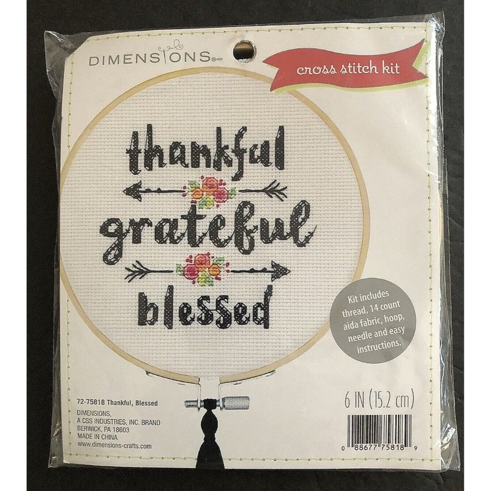 Dimensions Counted Cross Stitch 14 Ct Thankful Grateful Blessed 6 Inch Hoop